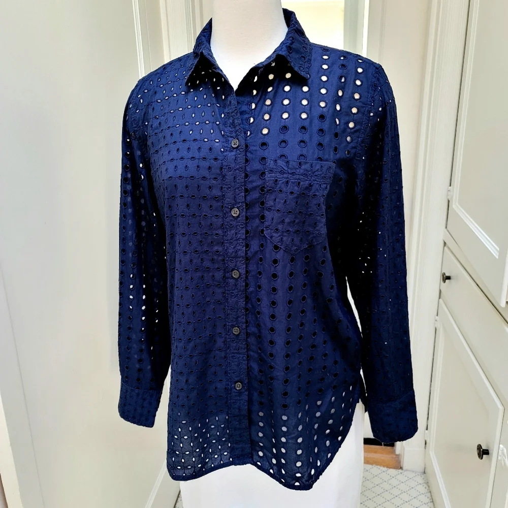 New! J. Crew sz 8 Classic Fit Eyelet Button Up Navy Blue Shirt Top NWT